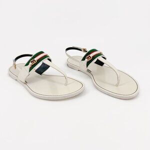 Gucci Jakarta GG T-Strap Flat Sandals Size 39.5 US 9.5 White Interlock Thong